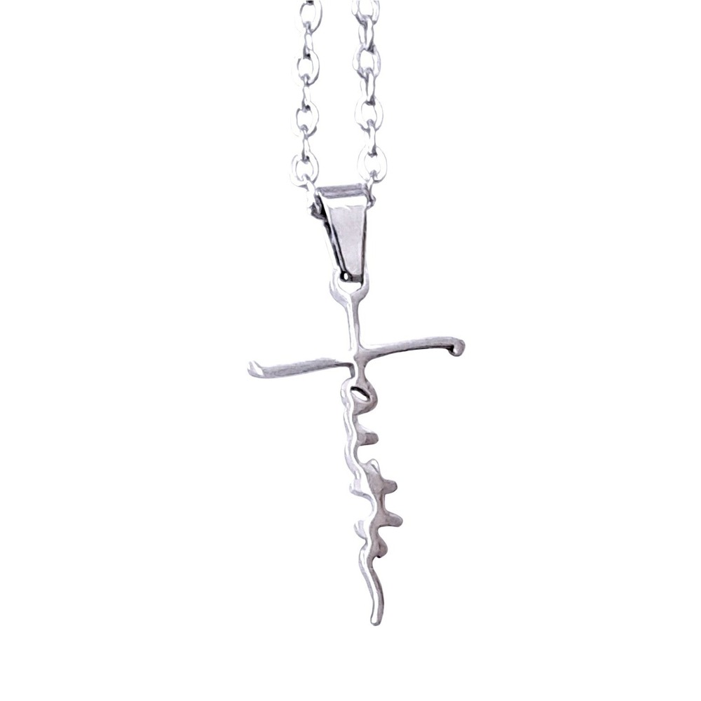 New Faith Cross Necklace Unisex Silver Tone Script Pendant‎ Cable Chain Boutique
